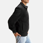 Black Goatskin Suede Bomber Jacket - Vue de dos avec coupe ajustée aux épaules &amp; ourlet soigné