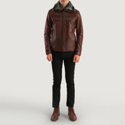 Vue détaillée of Shirt &amp; Zipper Hardware on Men's Evan Hart Fur Marron Veste en Cuir pour Homme