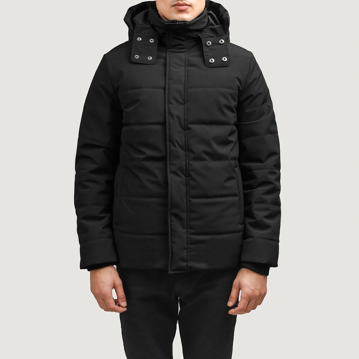 Exton Noir Hooded Down Puffer Veste en Cuir pour Homme in Black Full-Grain Leather - Vue de face &amp; silhouette ajustée | Acheter en ligne