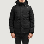 Exton Noir Hooded Down Puffer Veste en Cuir pour Homme in Black Full-Grain Leather - Vue de face &amp; silhouette ajustée | Acheter en ligne