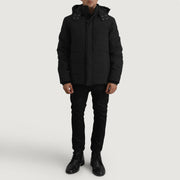 Vue détaillée of Classic Collar &amp; Zipper With Placket. Hardware on Exton Noir Hooded Down Puffer Veste en Cuir pour Homme