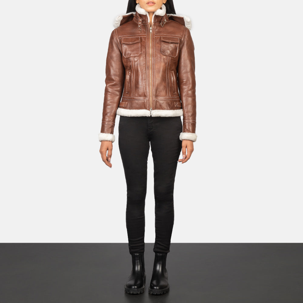 Women's Fiona Brown Hooded Shearling Leather Jacket - Vue de profil avec coupe de manche ergonomique