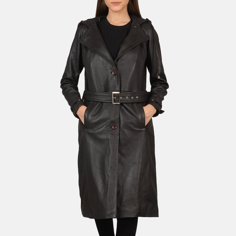 Women's Fixon Hooded Brown Trench Coat in Brown Sheepskin Leather - Front Profile View & Tailored Silhouette | Buy Online