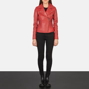 Vue détaillée of Notch &amp; Zipper Hardware on Women's Flashback Red Leather Biker Jacket