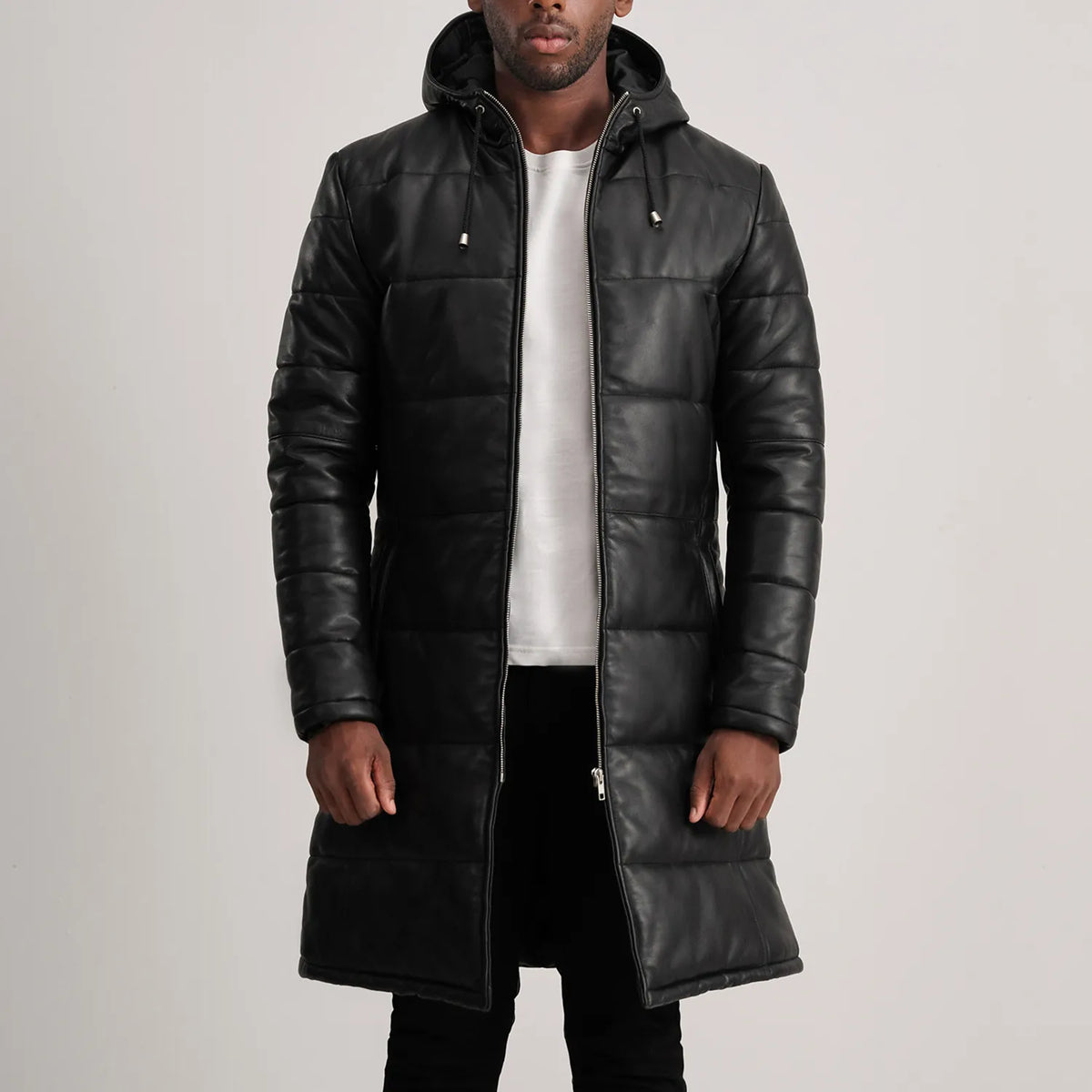 
Floyd Tan Hooded Leather Puffer Coat in Tan Brown Sheepskin Leather - Vue de face & silhouette ajustée | Acheter en ligne