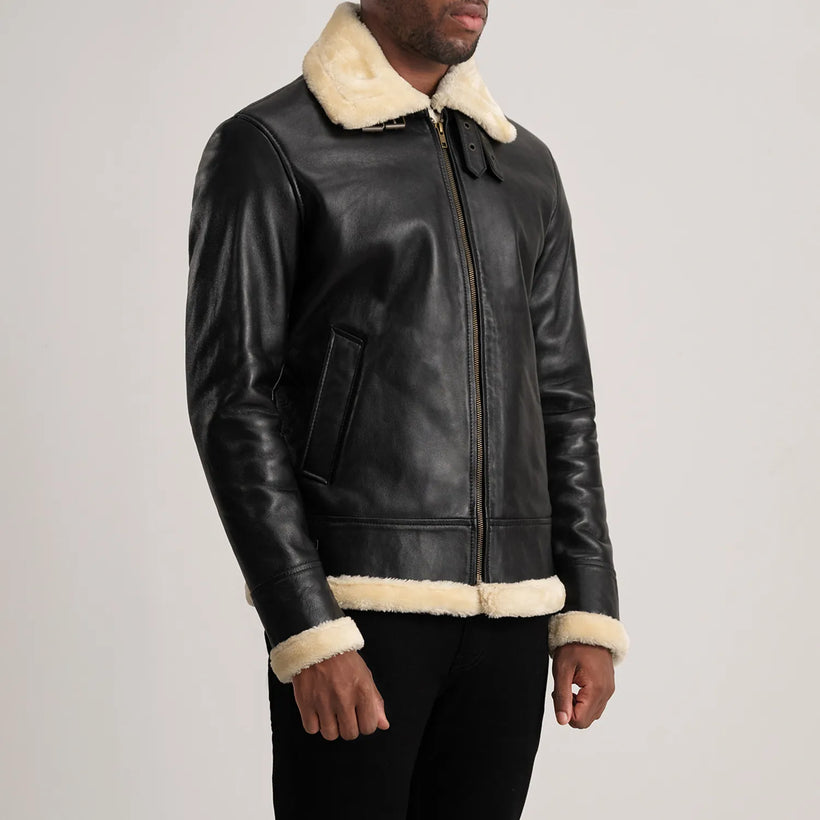Black Sheepskin Leather Bomber Jacket - Back View Showing Tailored Shoulder Fit & Clean Hemline