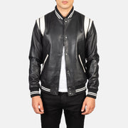 Men's Dantee Black Leather Varsity Jacket in Black &amp; White Sheepskin Leather - Vue de face &amp; silhouette ajustée | Acheter en ligne
