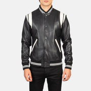 Vue détaillée of Varsity &amp; Snap Buttons Hardware on Men's Dantee Black Leather Varsity Jacket