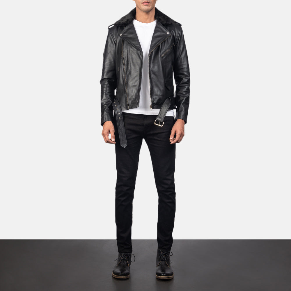 Men's Furton Black Leather Biker Jacket - Vue de profil avec coupe de manche ergonomique