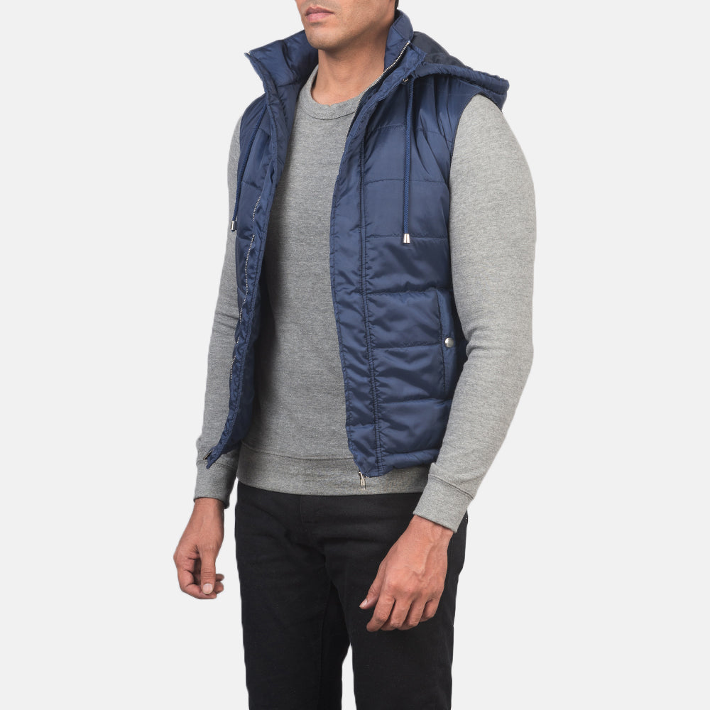
Blue Nylon (Water-Resistant) Leather Vest - Vue arrière montrant la carrure ajustée et l'ourlet net