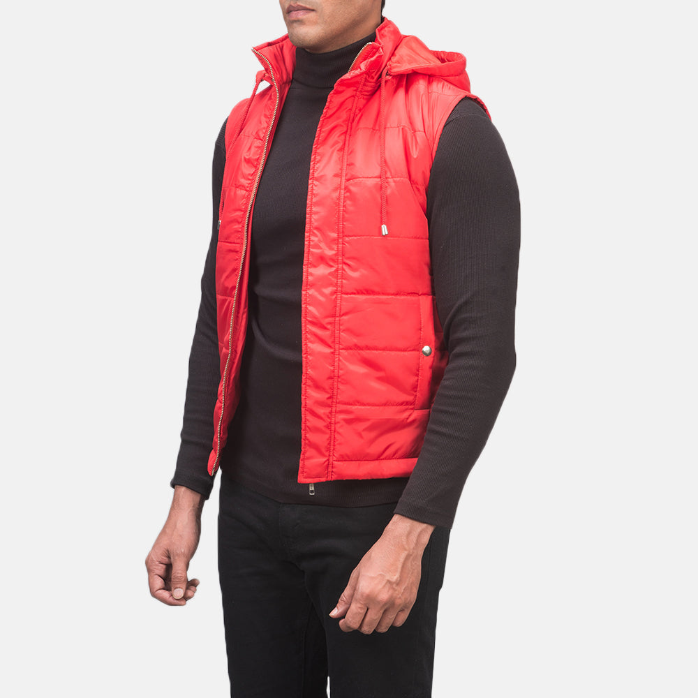 
Red Nylon Leather Vest - Vue arrière montrant la carrure ajustée et l'ourlet net