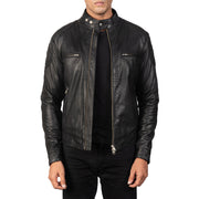 Men's Gatsby Quilted Black Leather Biker Jacket in Black Goatskin Leather - Vue de face &amp; silhouette ajustée | Acheter en ligne