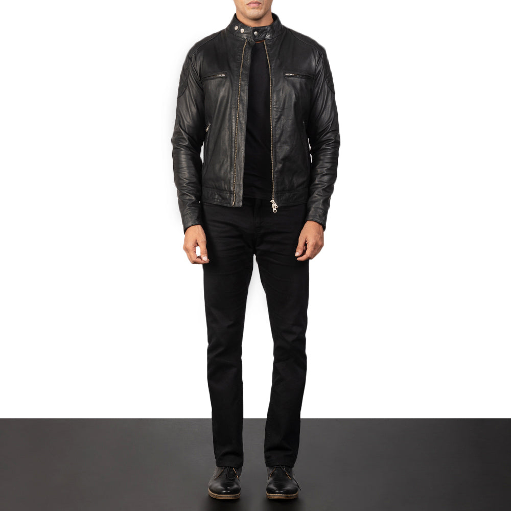 Men's Gatsby Quilted Black Leather Biker Jacket - Vue de profil avec coupe de manche ergonomique
