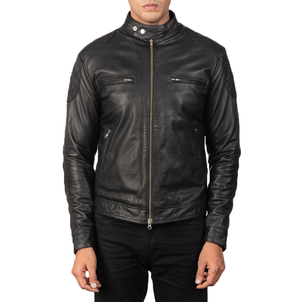 Vue détaillée of Band with snap buttons &amp; Zipper Hardware on Men's Gatsby Quilted Black Leather Biker Jacket