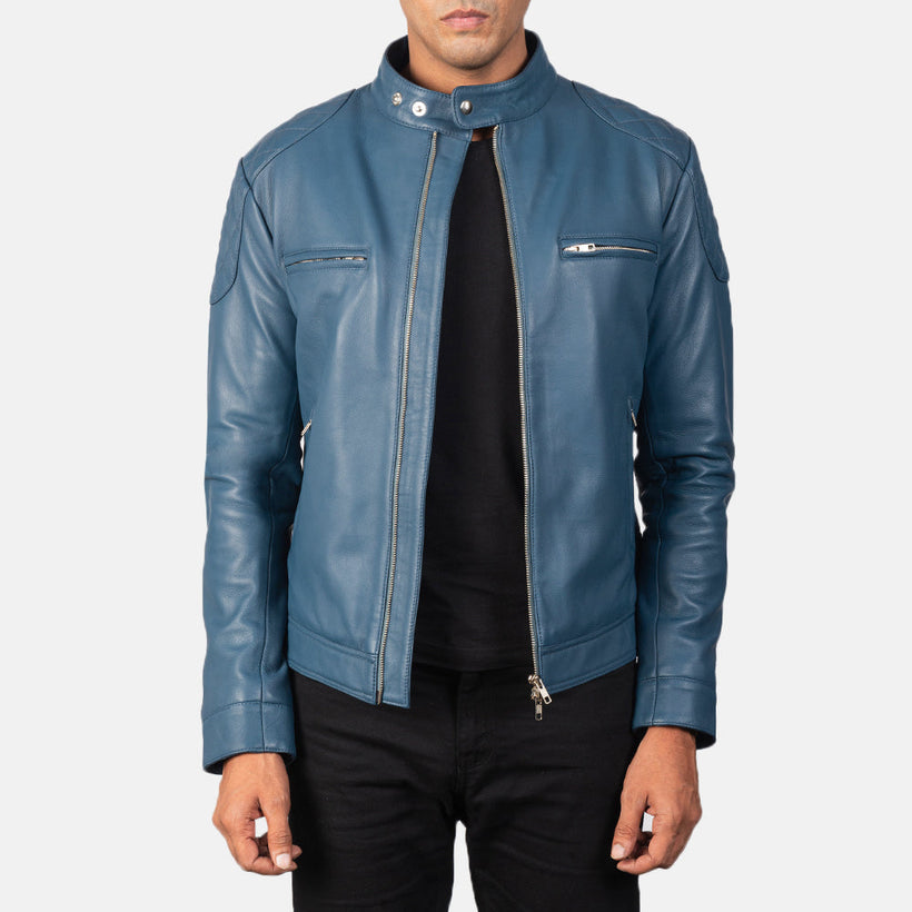 Gatsby Bleu Veste Motard en Cuir pour Homme