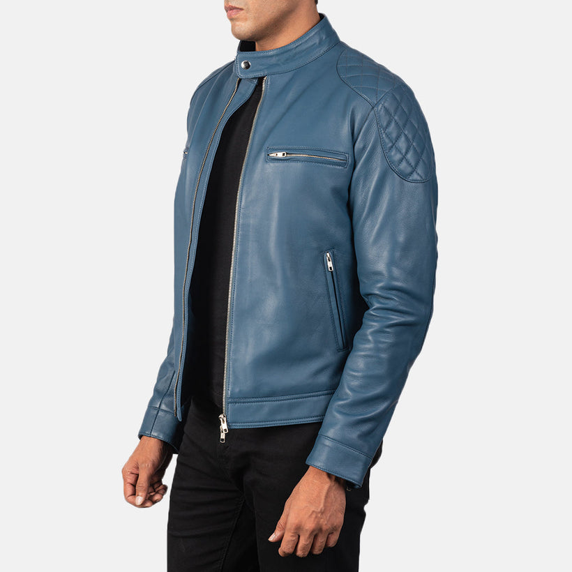 Gatsby Bleu Veste Motard en Cuir pour Homme