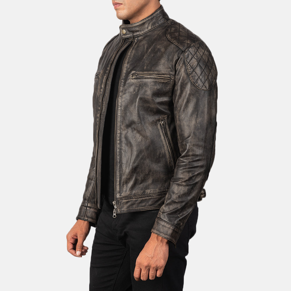 Distressed Brown Goatskin Leather Biker Jacket - Vue de dos avec coupe ajustée aux épaules &amp; ourlet soigné