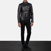 Vue détaillée of Band with snap button &amp; Snap Button Hardware on Germain Noir Veste en Cuir pour Homme