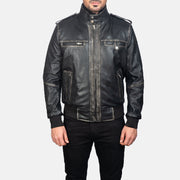Glen Street Noir Blouson Bomber en Cuir pour Homme in Black Cowhide Leather - Vue de face &amp; silhouette ajustée | Acheter en ligne