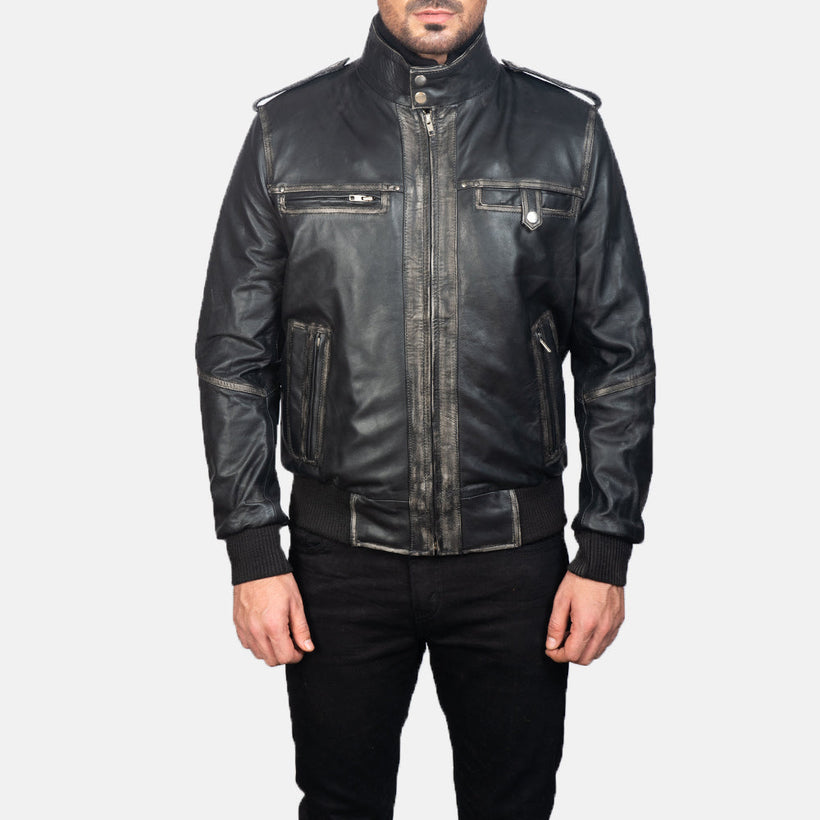 Glen Street Noir Blouson Bomber en Cuir pour Homme