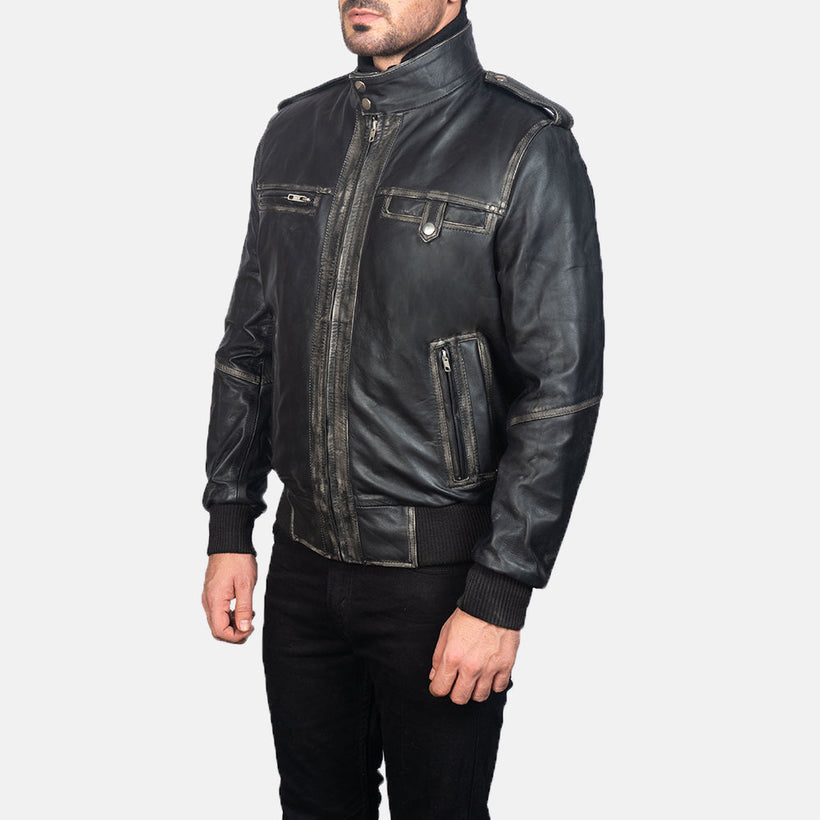 Glen Street Noir Blouson Bomber en Cuir pour Homme
