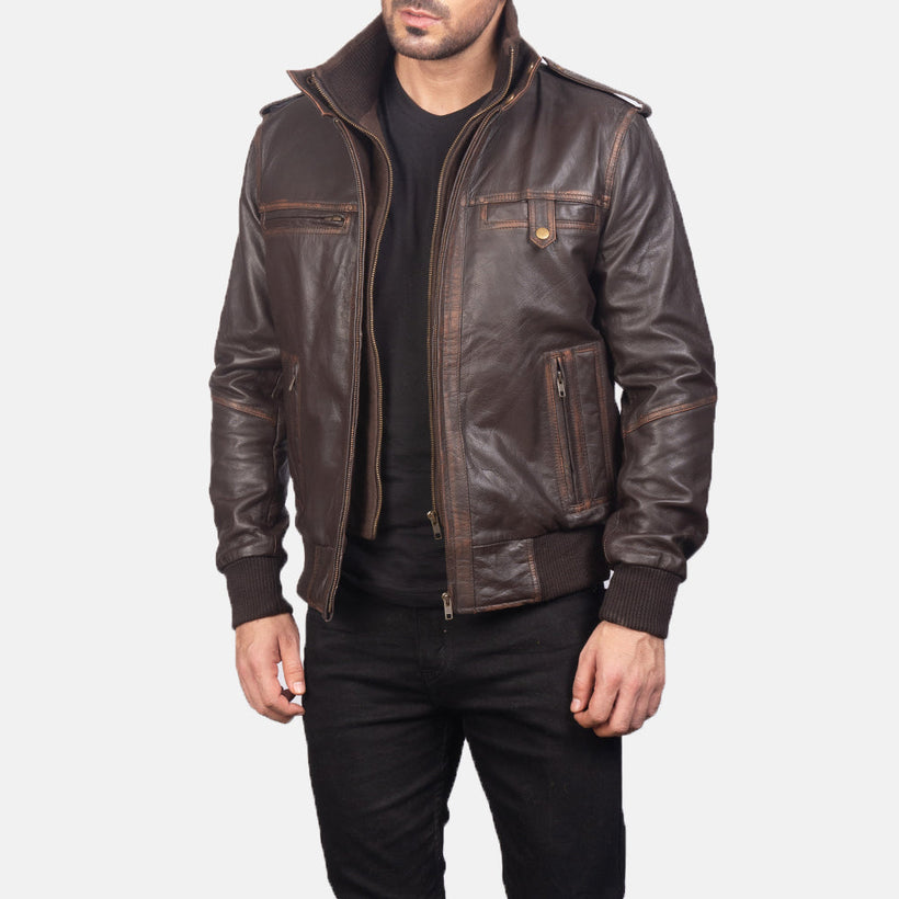 Glen Street Marron Blouson Bomber en Cuir pour Homme