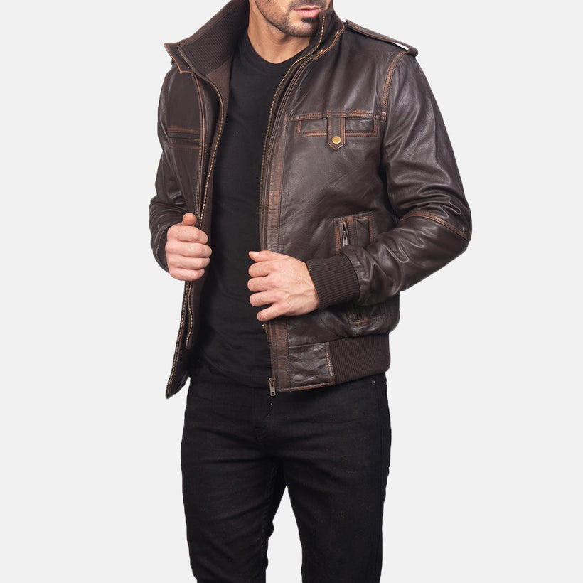 Glen Street Marron Blouson Bomber en Cuir pour Homme