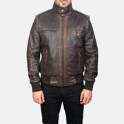 Close-Up Detail of High neck & Zipper Hardware on Men's Street Brown Leather Bomber Jacket