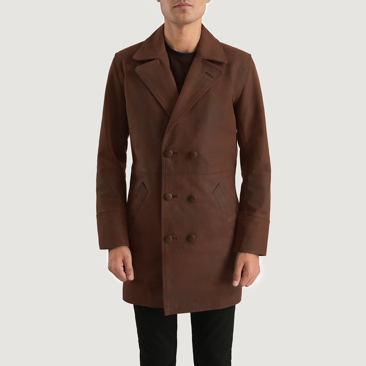 Men's Half Life Marron Manteau en Cuir pour Homme in Distressed Brown Cowhide Leather - Vue de face &amp; silhouette ajustée | Acheter en ligne