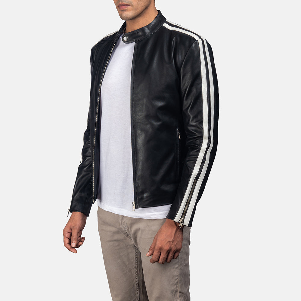 Black &amp; White Cowhide Leather Biker Jacket - Vue de dos avec coupe ajustée aux épaules &amp; ourlet soigné