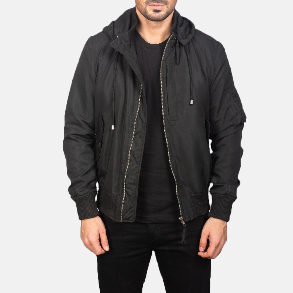 Men's Hanklin Ma-1 Black Hooded Bomber Jacket in Black Polyester - Vue de face &amp; silhouette ajustée | Acheter en ligne