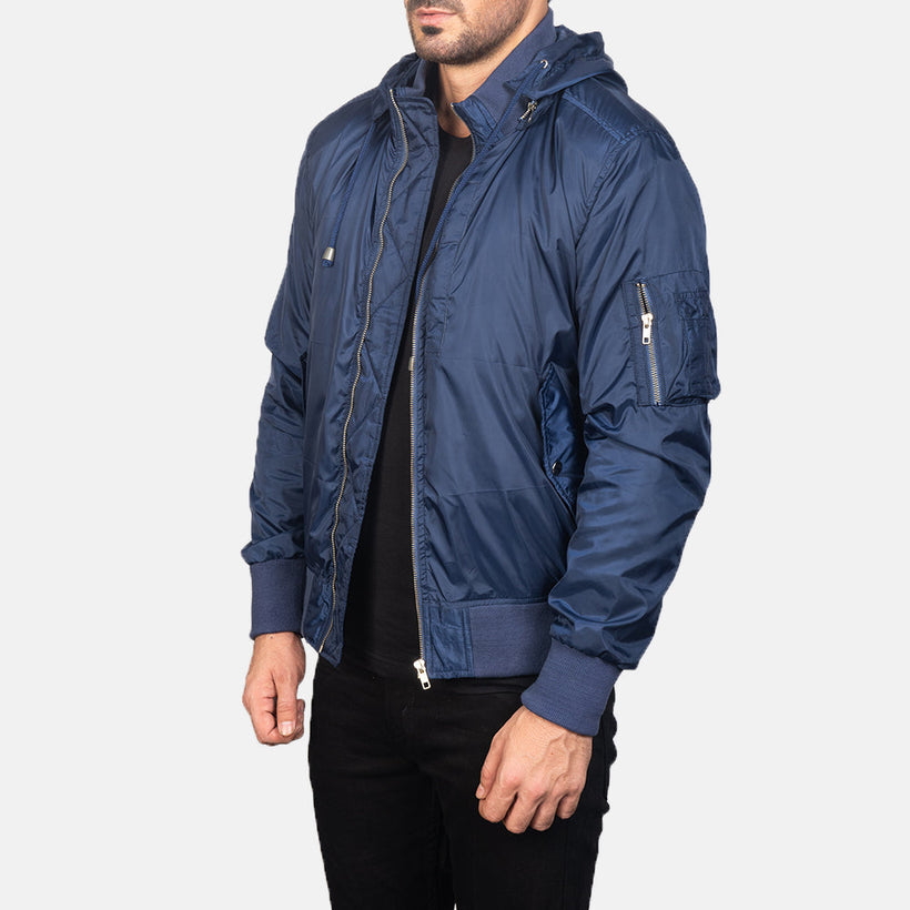 Blue Nylon Bomber Jacket - Back View Showing Tailored Shoulder Fit & Clean Hemline