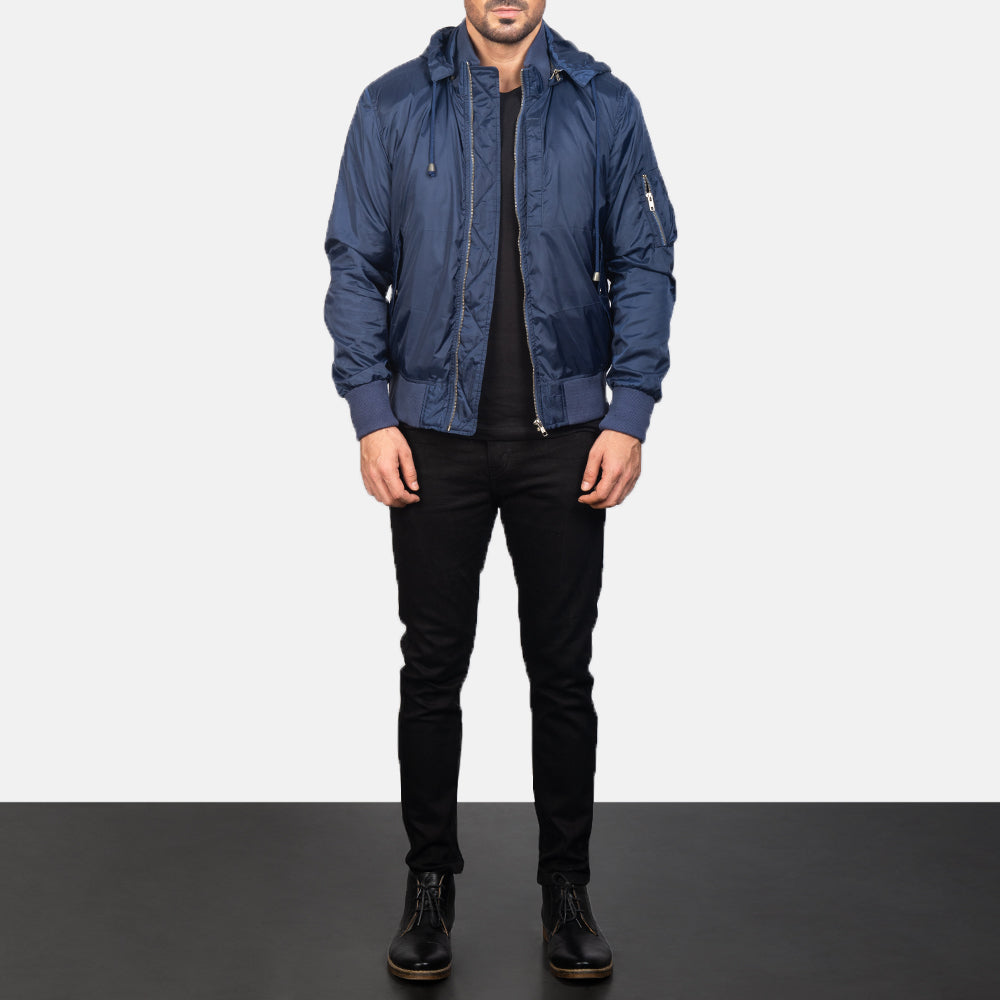 Men's Blue Hooded Bomber Jacket - Vue de profil avec coupe de manche ergonomique