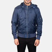 Vue détaillée of Knit Rib with Removable Nylon Hood &amp; Zipper Hardware on Men's Blue Hooded Bomber Jacket
