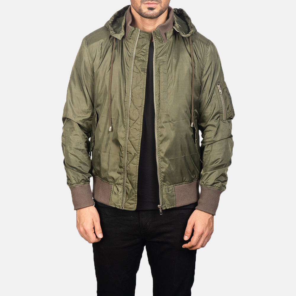 
Hanklin Ma-1 Green Hooded Bomber Jacket in Green Nylon - Vue de face & silhouette ajustée | Acheter en ligne