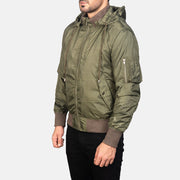 
Green Nylon Bomber Jacket - Vue arrière montrant la carrure ajustée et l'ourlet net