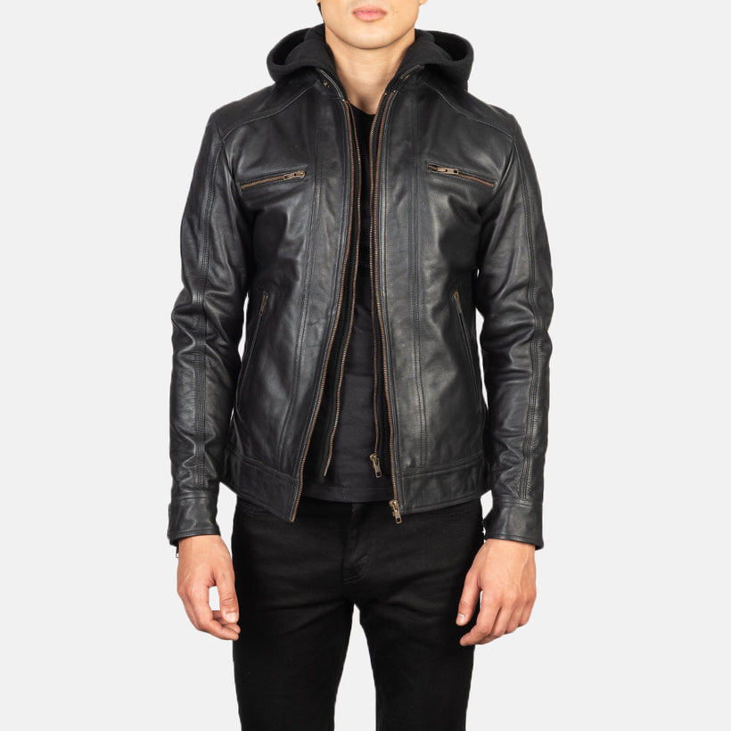 Hector Noir Hooded Veste Motard en Cuir pour Homme
