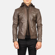 
Hector Marron Hooded Veste Motard en Cuir pour Homme in Brown Cowhide Leather - Vue de face & silhouette ajustée | Acheter en ligne