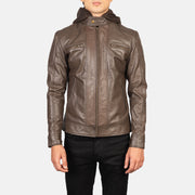 
Vue détaillée of Band with Snap Button & Zipper Hardware on Hector Marron Hooded Veste Motard en Cuir pour Homme