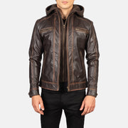 
Hector Marron Vintage Hooded Veste Motard en Cuir pour Homme in Vintage Brown Goatskin Leather - Vue de face & silhouette ajustée | Acheter en ligne