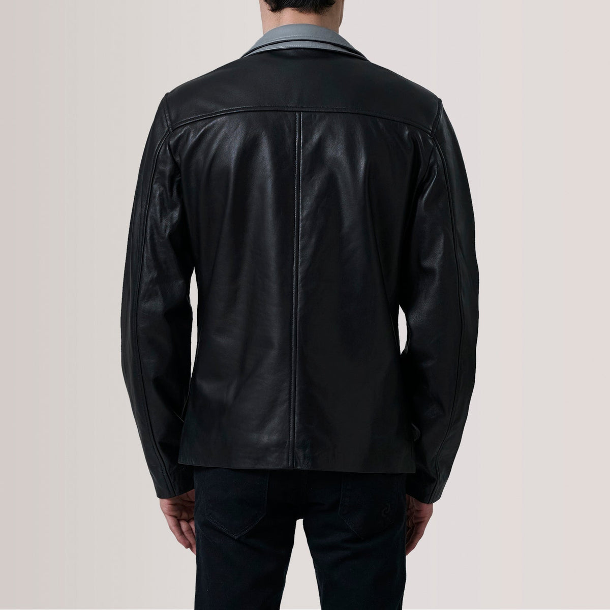 
Vue détaillée of Band Collar with Snap Button & Zipper with placket Hardware on Henrik Grey Suede Cafe Racer For Men