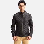 Henry Matelassé Noir Veste en Cuir pour Homme in Black Sheepskin Leather - Vue de face &amp; silhouette ajustée | Acheter en ligne