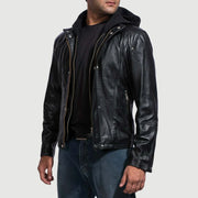 Black Cowhide Leather Hooded Jacket - Vue de dos avec coupe ajustée aux épaules &amp; ourlet soigné