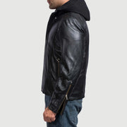 Vue détaillée of Band with snap button &amp; Zipper Hardware on Men's Highschool Black Leather Jacket