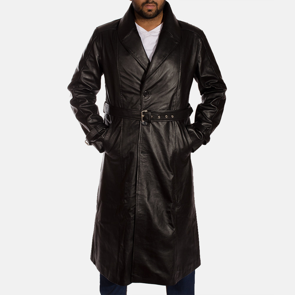 
Black Cowhide Leather Trench Coat - Vue arrière montrant la carrure ajustée et l'ourlet net