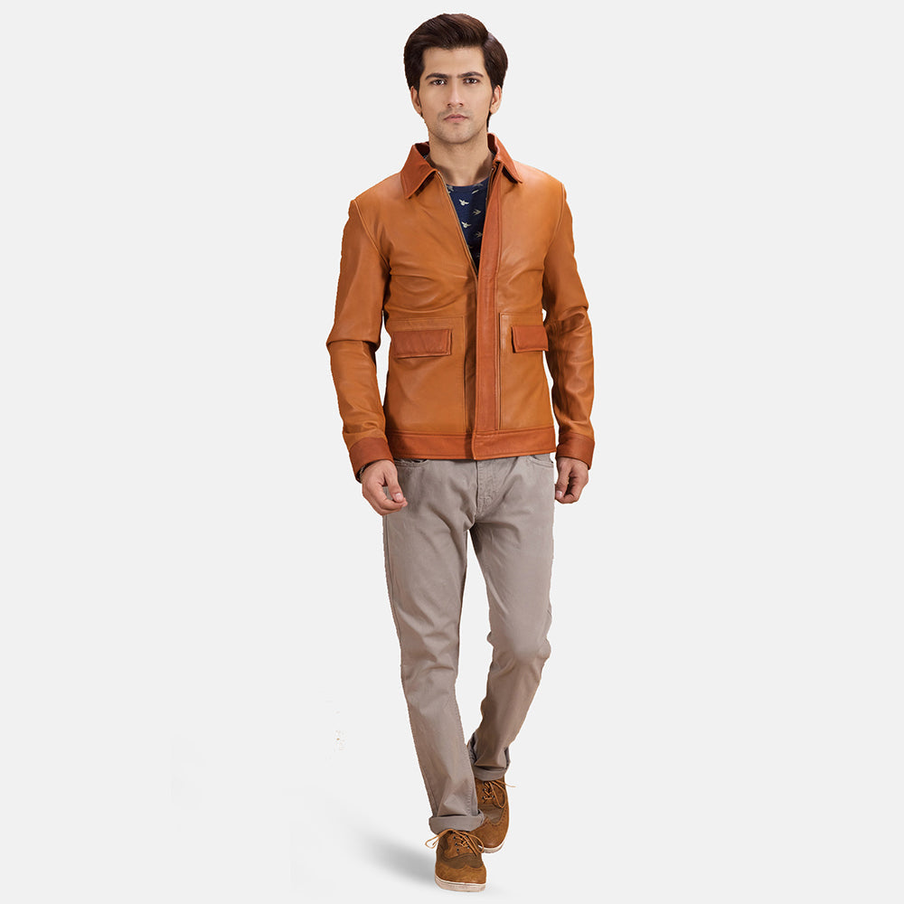 Vue détaillée of Shirt &amp; Zipper with wind flap Hardware on Hubert Camel Marron Veste en Cuir pour Homme