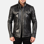 Hudson Black Leather Biker Jacket in Black Cowhide Leather - Vue de face &amp; silhouette ajustée | Acheter en ligne