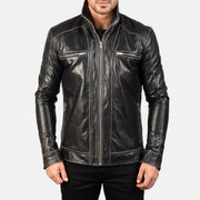 Vue détaillée of High neck Band &amp; Zipper Hardware on Hudson Black Leather Biker Jacket