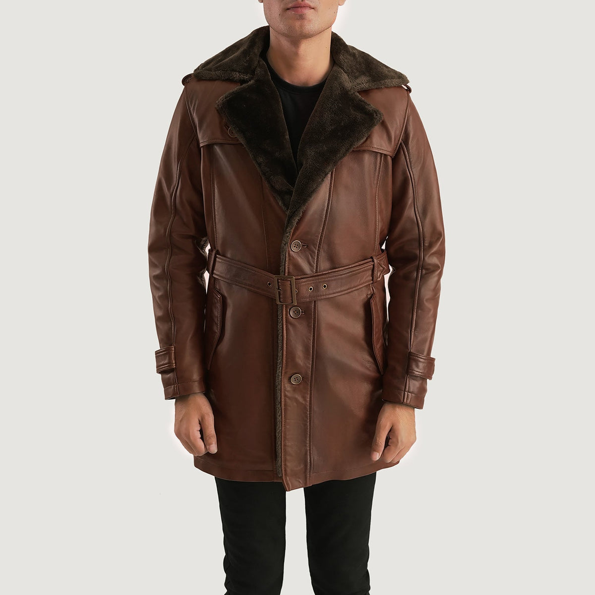 Men's Hunter Patine Usée Marron Fur Manteau en Cuir pour Homme in Distressed Brown Sheepskin Burnishing - Vue de face &amp; silhouette ajustée | Acheter en ligne