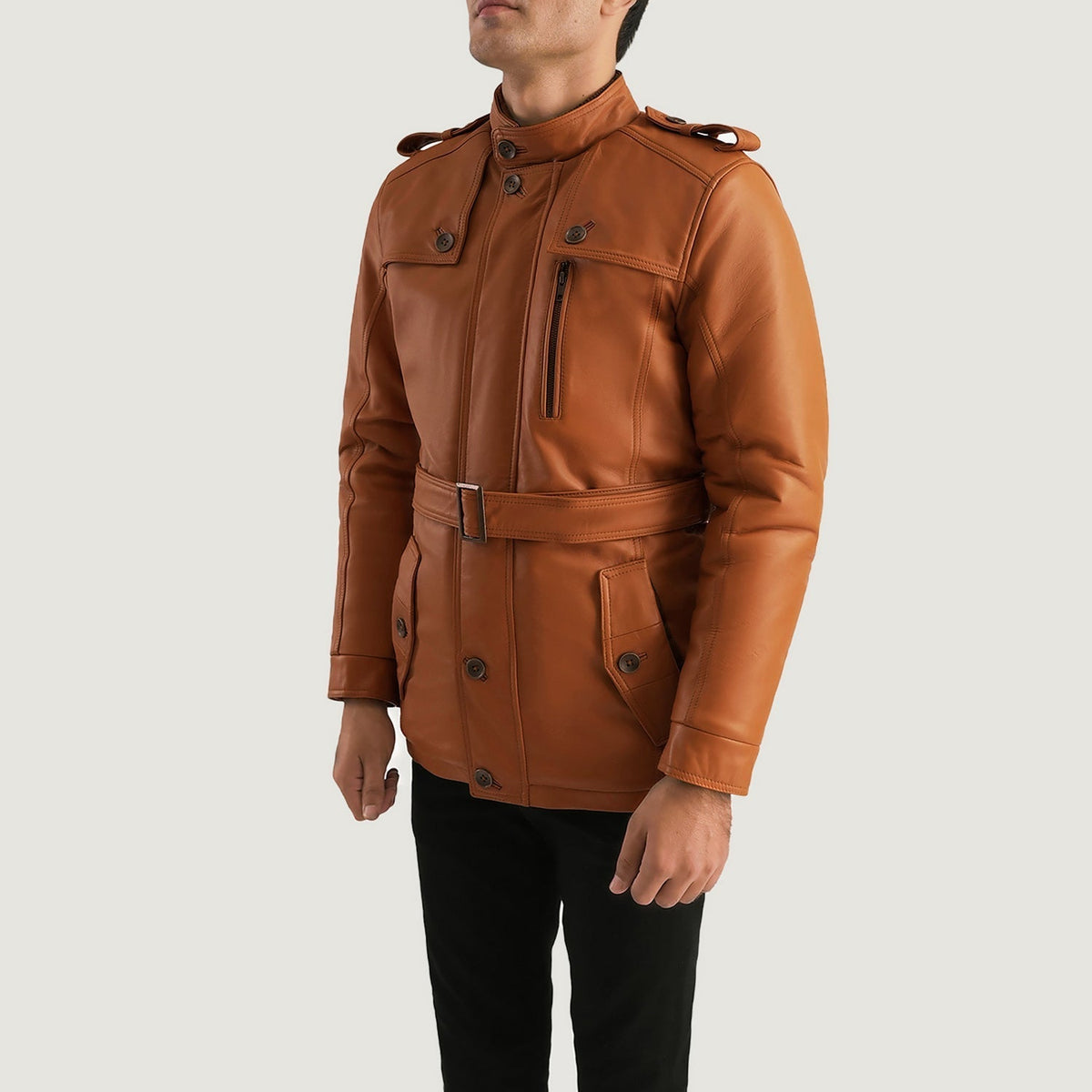 Tan Brown Sheepskin Leather Aviator Jacket - Vue de dos avec coupe ajustée aux épaules &amp; ourlet soigné